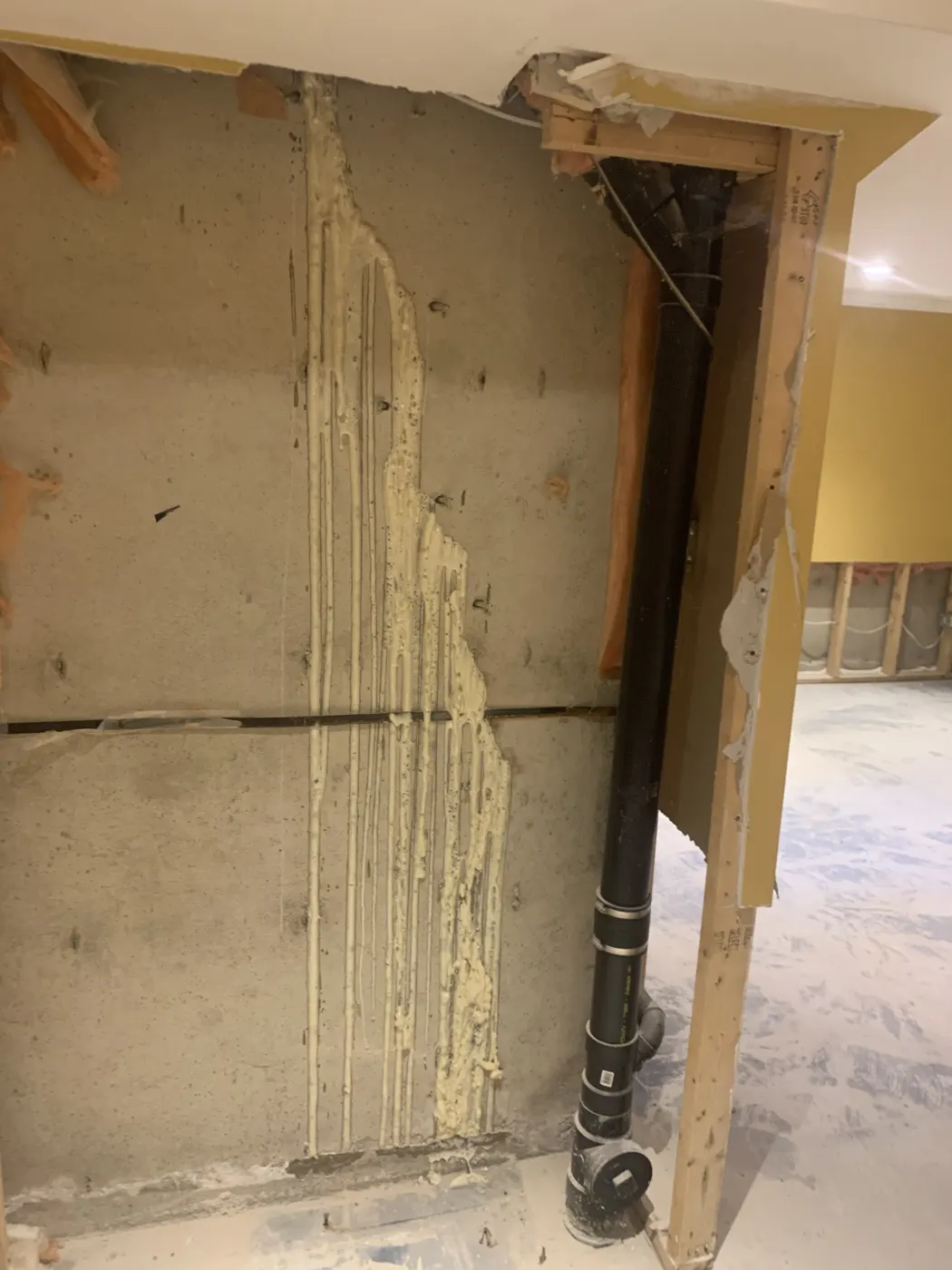 Polyurethane foam sealing a leaking basement corner joint full depth during injection