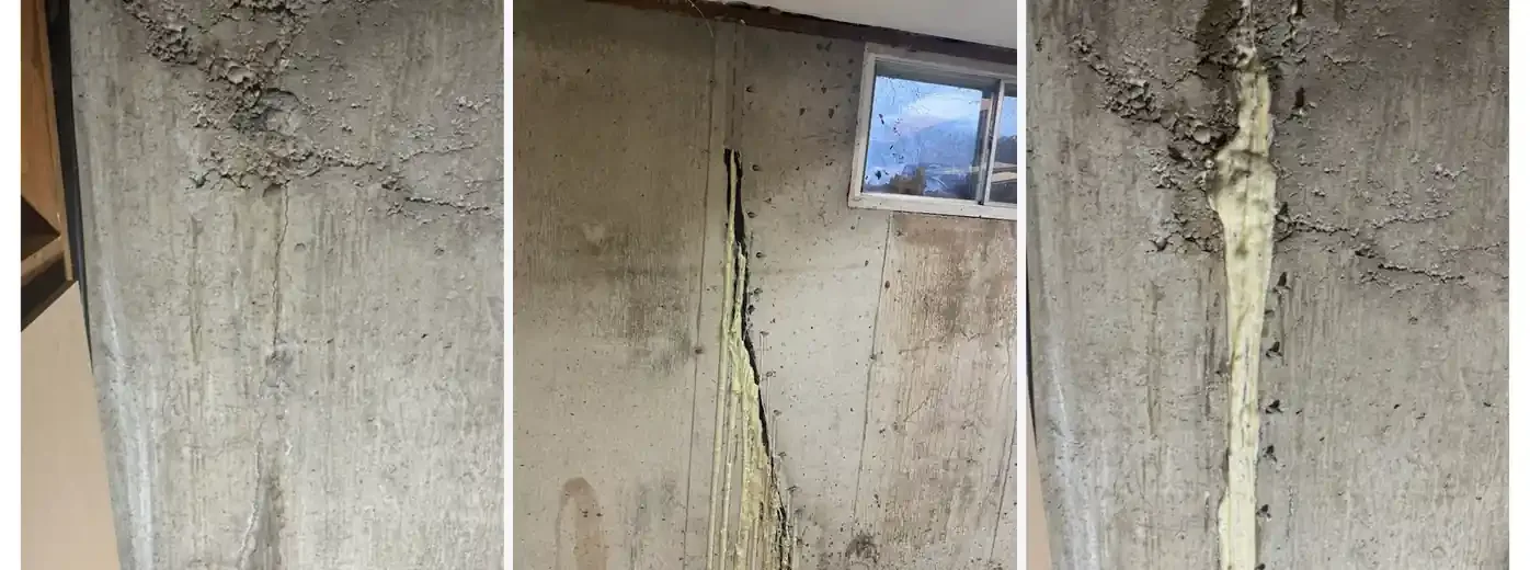 Real polyurethane crack injection: leaking foundation crack before repair, injection ports and expanding polyurethane during repair, and the same wall sealed after