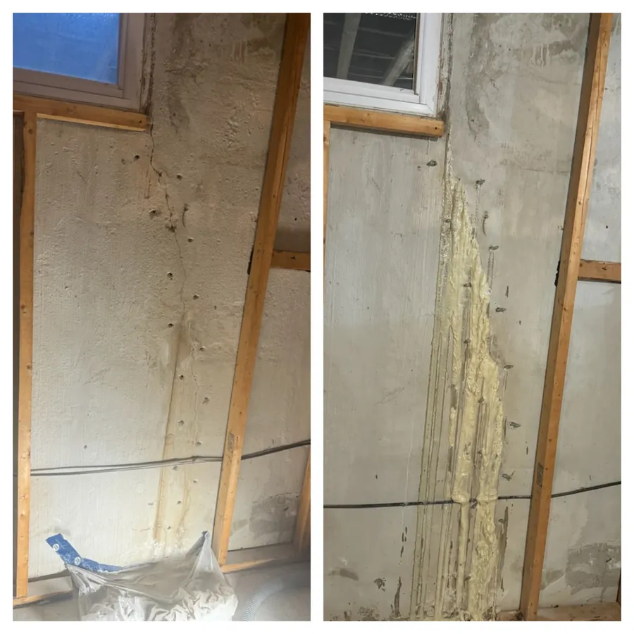 Foundation crack before and after polyurethane injection repair