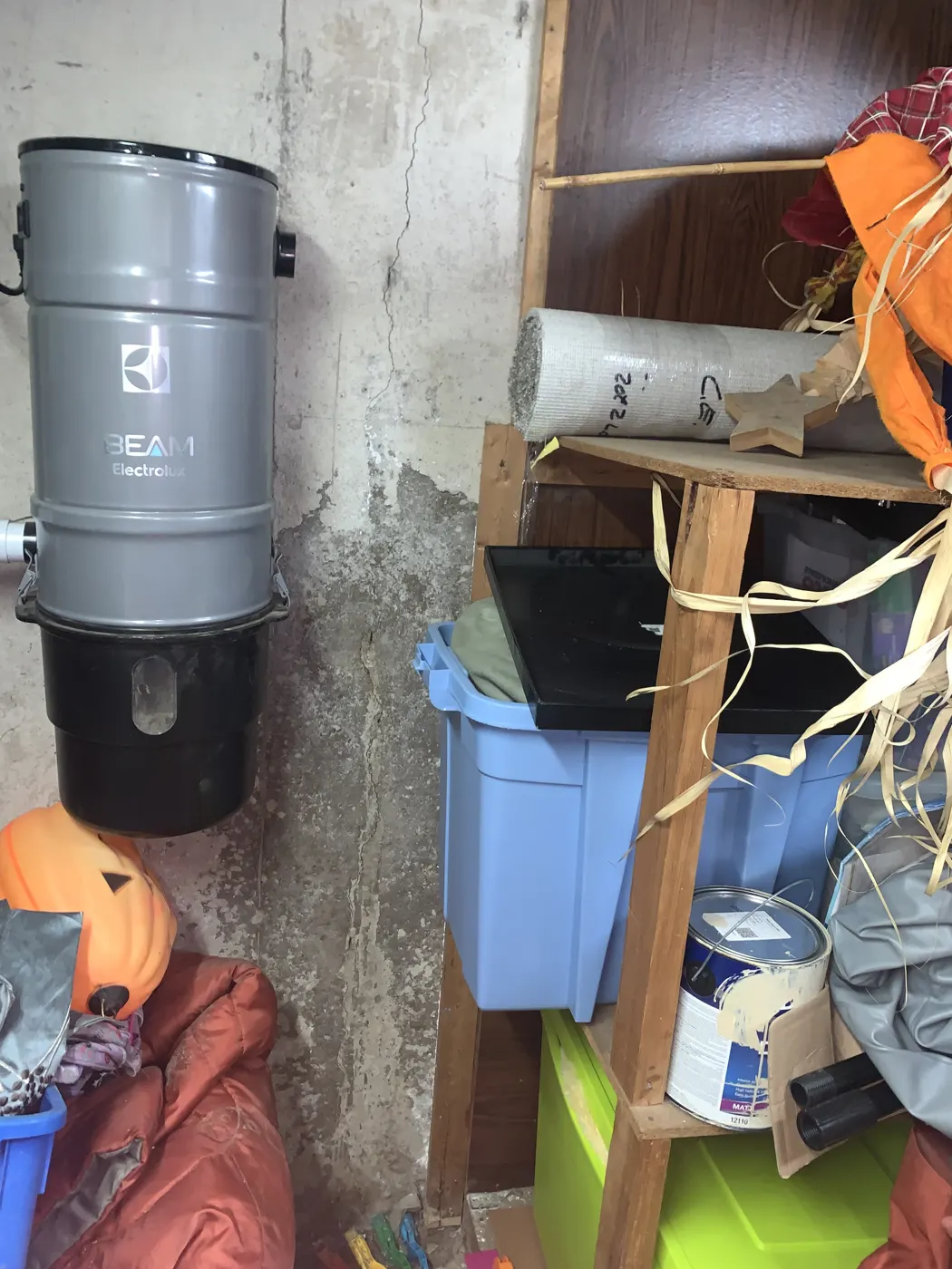 Leaking full-height vertical foundation crack with moisture staining in a Mississauga basement before injection