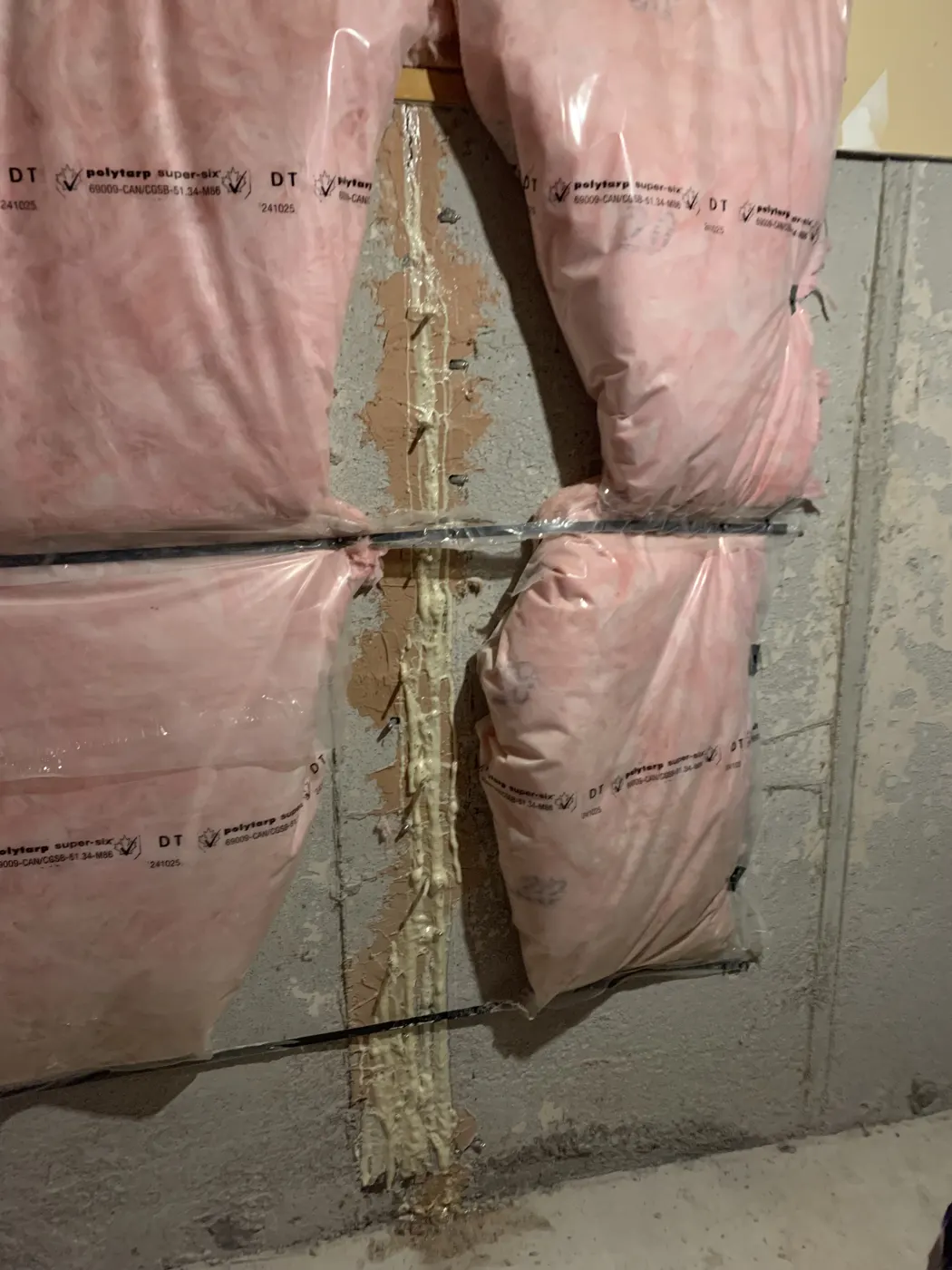 Sealed foundation crack after polyurethane crack injection in a Mississauga basement, before surface patching
